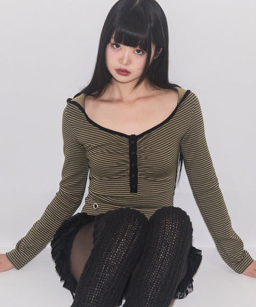 Layer Stripe Hooded Khaki
