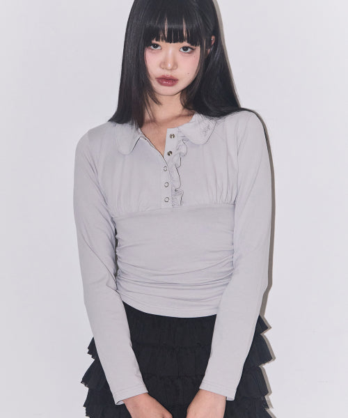 Collar neck shirring top gray