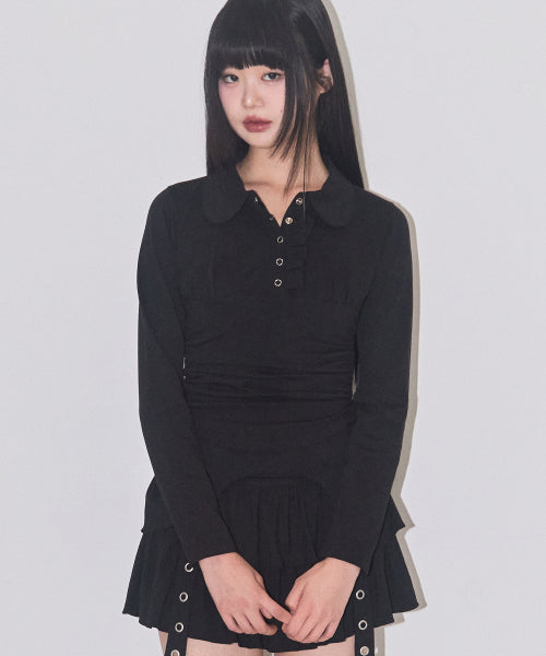 Collar Neck Shirring Top Black
