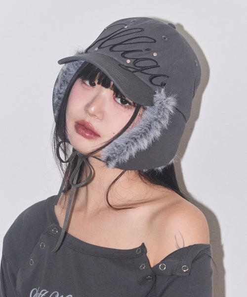 Fluffy Earflap Cap Charcoal