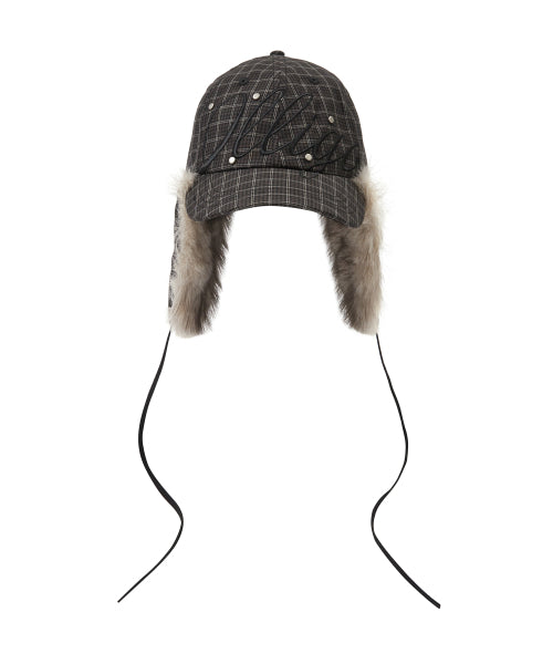 Fluffy earflap cap checkered green