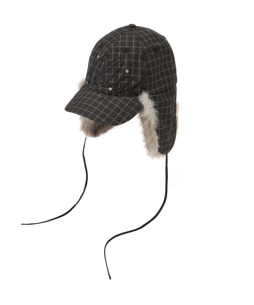 Fluffy earflap cap checkered green