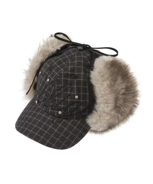 Fluffy earflap cap checkered green
