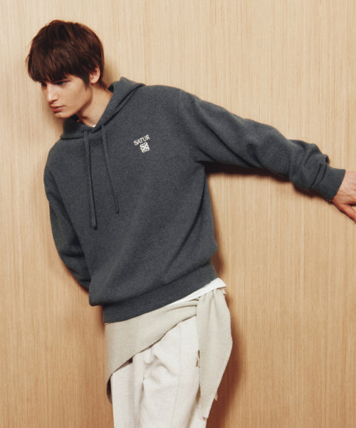 Classic Semi Loose Fit Knit Hoodie Blue