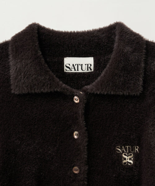 (W) Hairy Collar Knit Cardigan Dark Brown