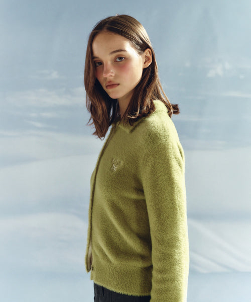 (W) Hairy Collar Knit Cardigan Olive Green