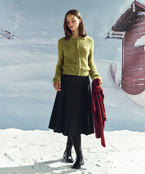 (W) Hairy Collar Knit Cardigan Olive Green