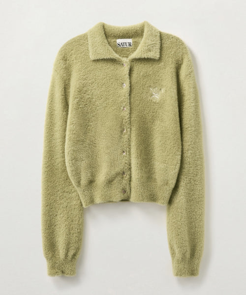 (W) Hairy Collar Knit Cardigan Olive Green