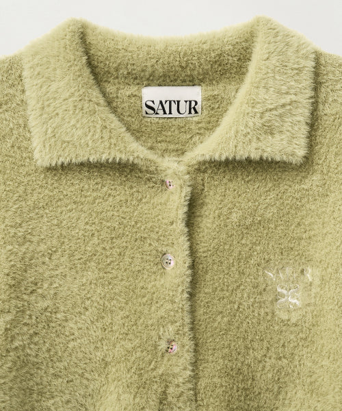 (W) Hairy Collar Knit Cardigan Olive Green
