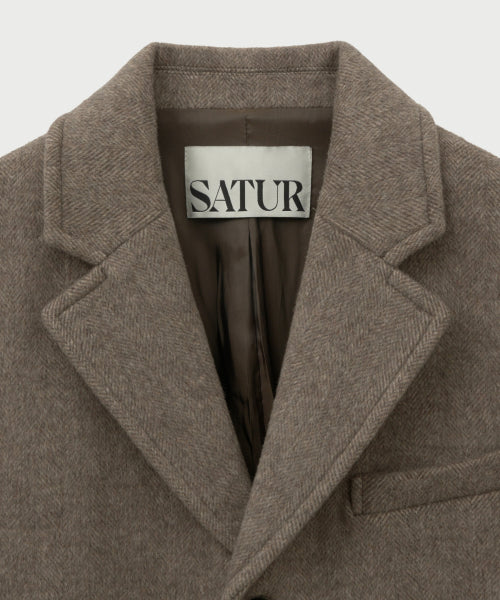 Herringbone Wool Blend Single Blazer Brown