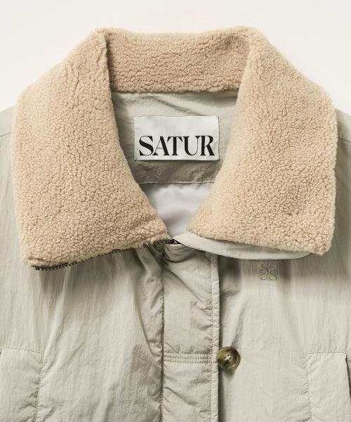 (W) Wide Collar Crop Padding Jacket Khaki