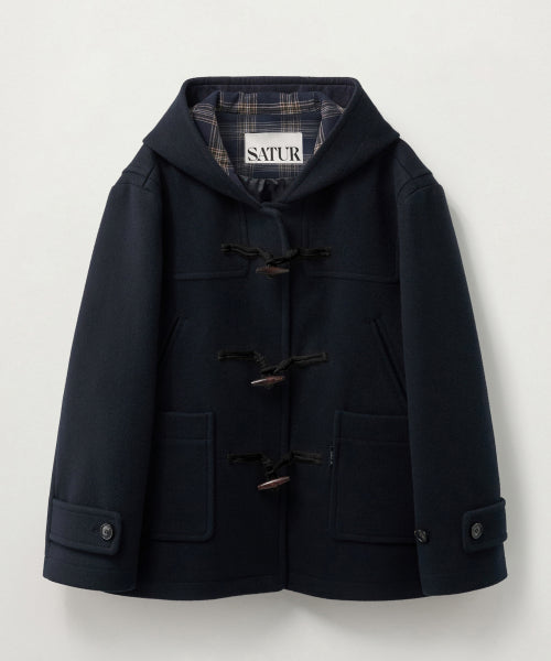 (W) Hood Wool Blend Duffle Half Coat Navy
