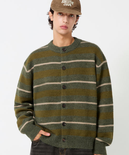 WASHBLE HAIRY STRIPE BUTTON CARDIGAN KNIT_KHAKI
