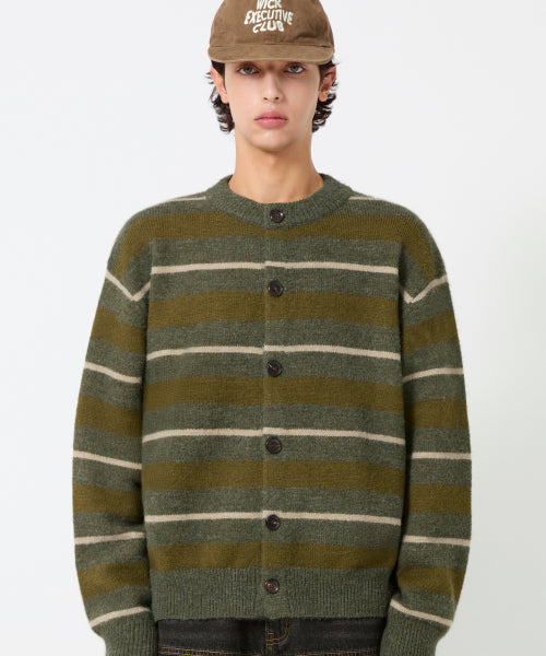 WASHBLE HAIRY STRIPE BUTTON CARDIGAN KNIT_KHAKI