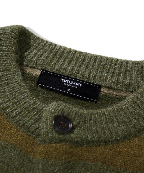 WASHBLE HAIRY STRIPE BUTTON CARDIGAN KNIT_KHAKI