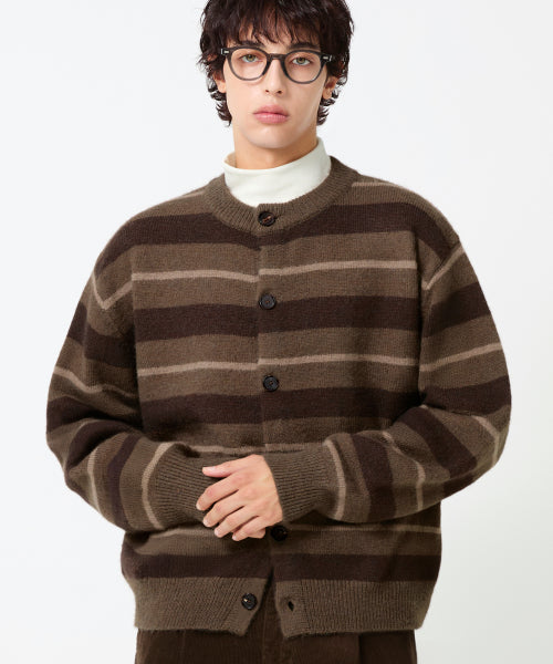 WASHBLE HAIRY STRIPE BUTTON CARDIGAN KNIT_BROWN