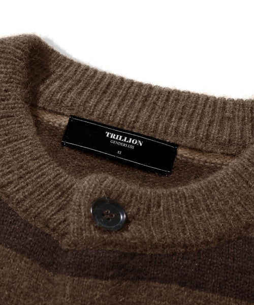 WASHBLE HAIRY STRIPE BUTTON CARDIGAN KNIT_BROWN