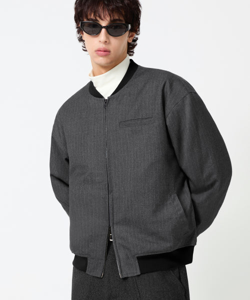 PIN STRIPE OFFICER CROP BOMBER JACKET_GRAY
