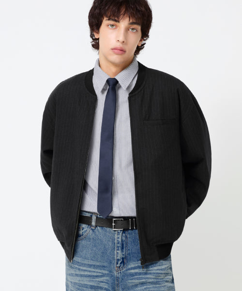 PIN STRIPE OFFICER CROP BOMBER JACKET_BLACK