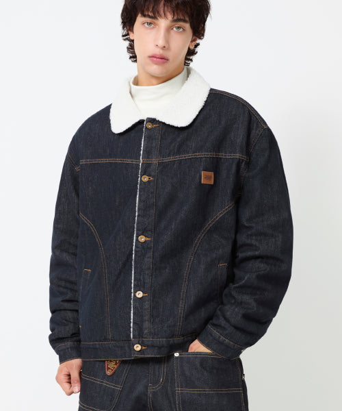 LEATHER PATCH FLEECE COLLAR DENIM JACKET_INDIGO