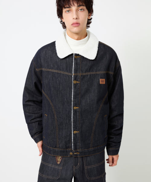 LEATHER PATCH FLEECE COLLAR DENIM JACKET_INDIGO