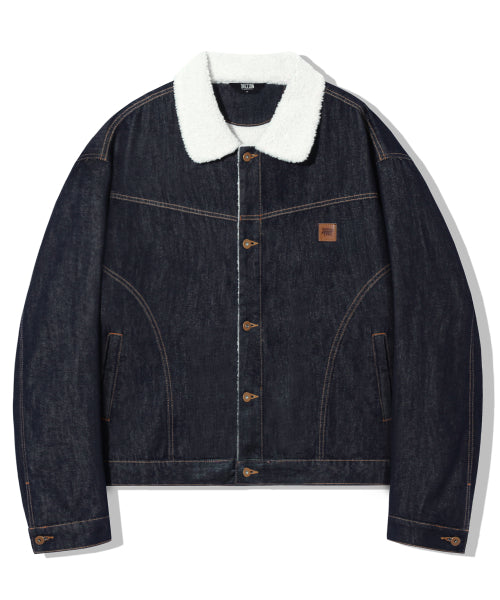 LEATHER PATCH FLEECE COLLAR DENIM JACKET_INDIGO
