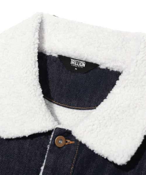 LEATHER PATCH FLEECE COLLAR DENIM JACKET_INDIGO