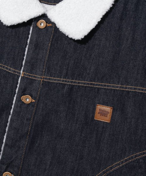 LEATHER PATCH FLEECE COLLAR DENIM JACKET_INDIGO