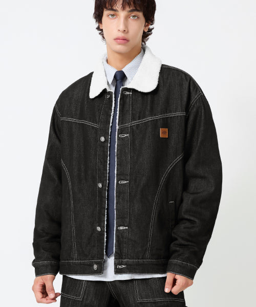 LEATHER PATCH FLEECE COLLAR DENIM JACKET_BLACK