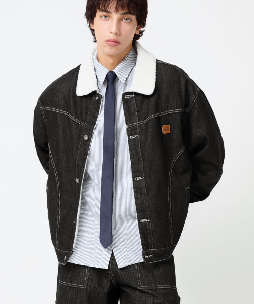 LEATHER PATCH FLEECE COLLAR DENIM JACKET_BLACK