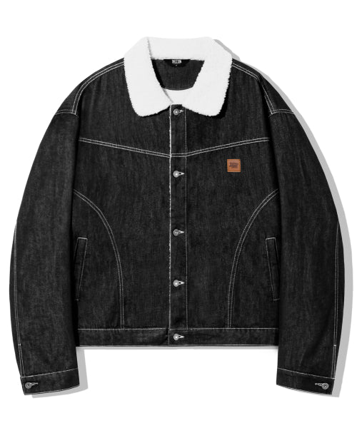 LEATHER PATCH FLEECE COLLAR DENIM JACKET_BLACK