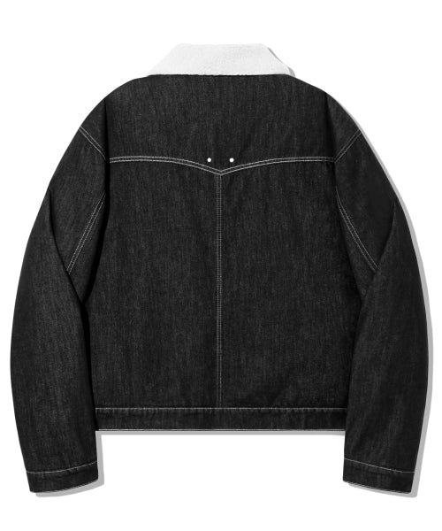 LEATHER PATCH FLEECE COLLAR DENIM JACKET_BLACK