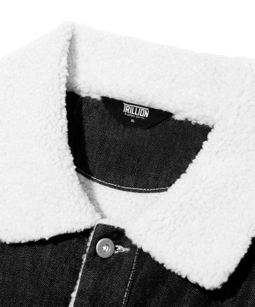 LEATHER PATCH FLEECE COLLAR DENIM JACKET_BLACK