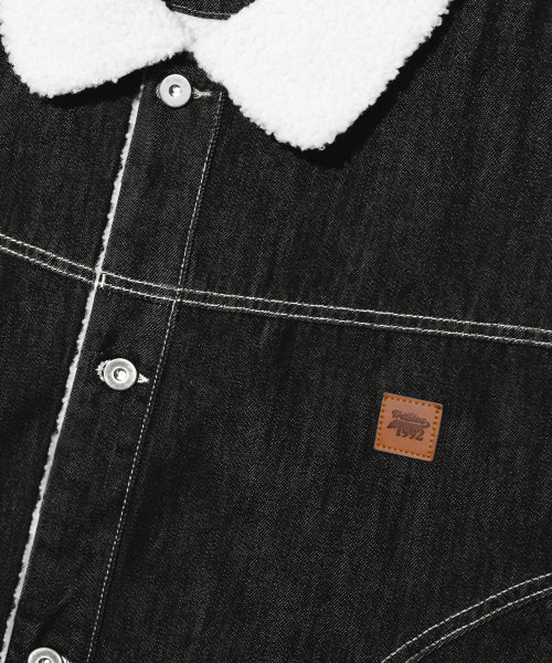 LEATHER PATCH FLEECE COLLAR DENIM JACKET_BLACK