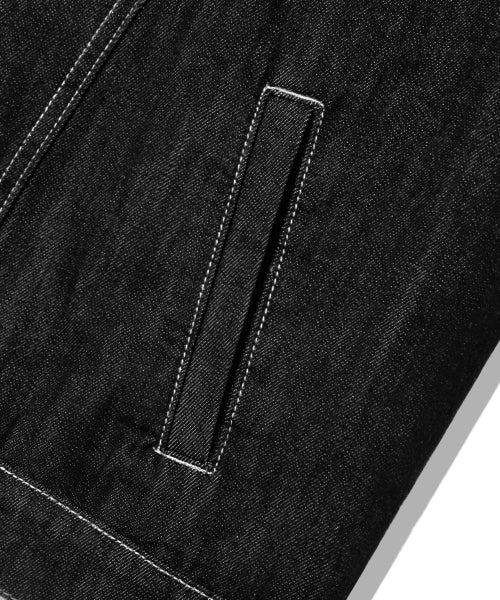 LEATHER PATCH FLEECE COLLAR DENIM JACKET_BLACK