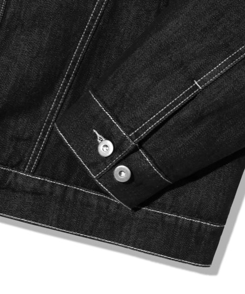 LEATHER PATCH FLEECE COLLAR DENIM JACKET_BLACK