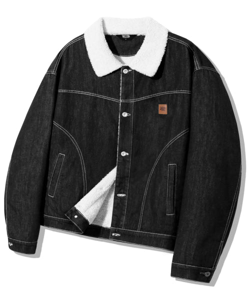 LEATHER PATCH FLEECE COLLAR DENIM JACKET_BLACK