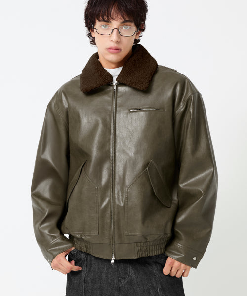 FLEECE COLLAR FLIGHT MA-1 LEATHER JACKET_KHAKI