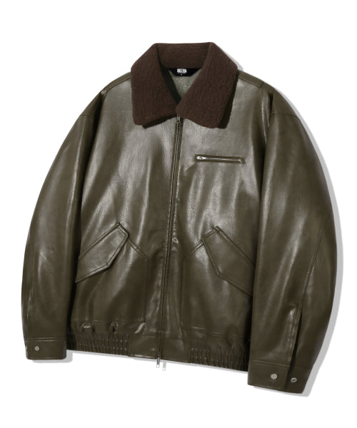FLEECE COLLAR FLIGHT MA-1 LEATHER JACKET_KHAKI