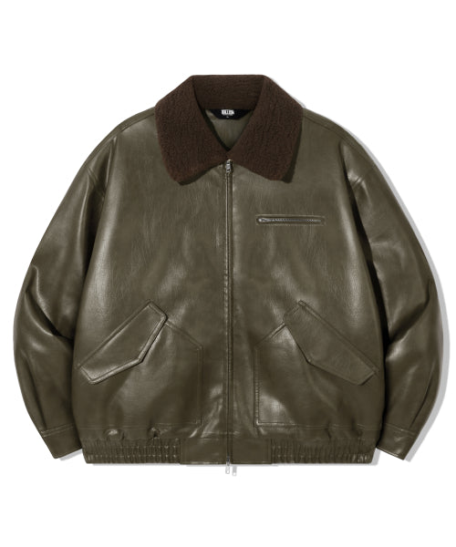 FLEECE COLLAR FLIGHT MA-1 LEATHER JACKET_KHAKI