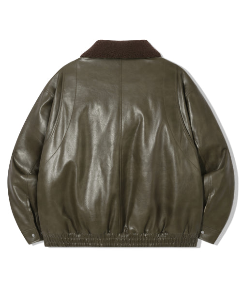 FLEECE COLLAR FLIGHT MA-1 LEATHER JACKET_KHAKI