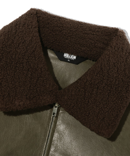 FLEECE COLLAR FLIGHT MA-1 LEATHER JACKET_KHAKI
