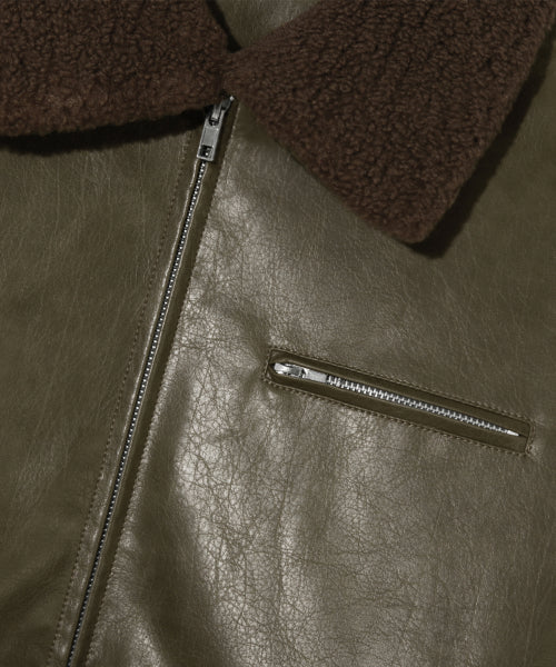 FLEECE COLLAR FLIGHT MA-1 LEATHER JACKET_KHAKI