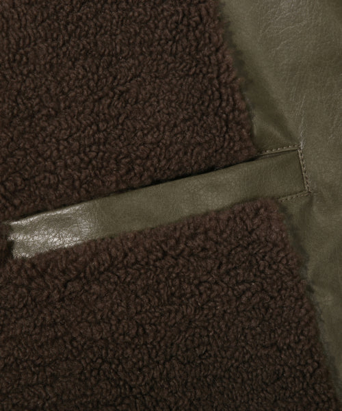 FLEECE COLLAR FLIGHT MA-1 LEATHER JACKET_KHAKI