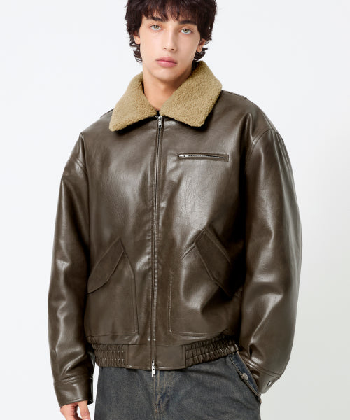 FLEECE COLLAR FLIGHT MA-1 LEATHER JACKET_BROWN