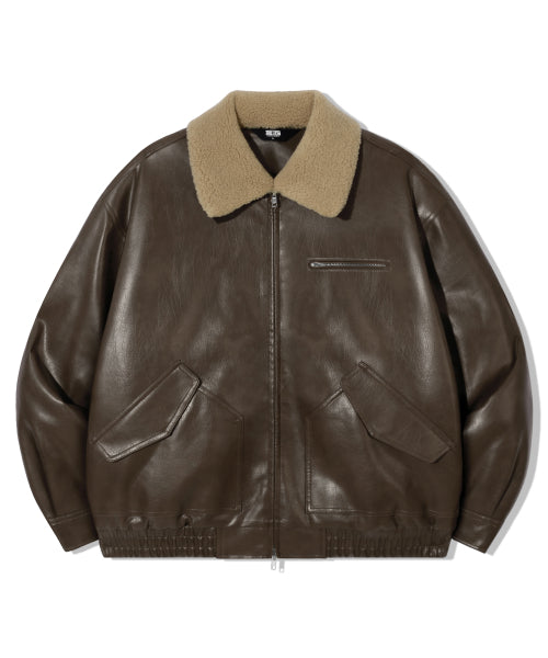 FLEECE COLLAR FLIGHT MA-1 LEATHER JACKET_BROWN