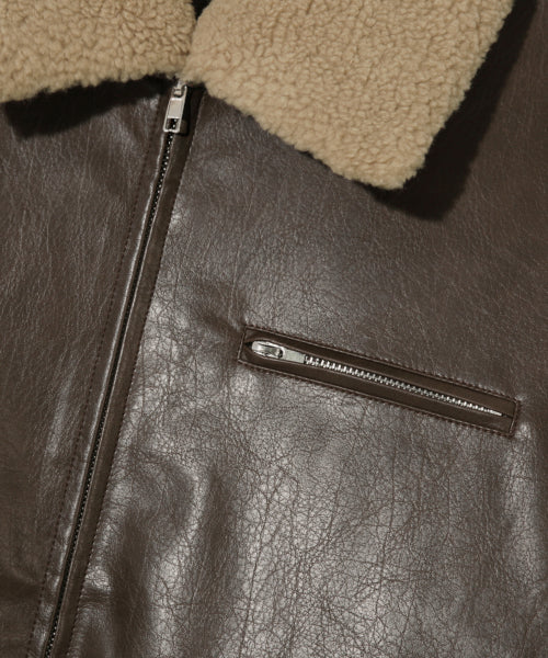 FLEECE COLLAR FLIGHT MA-1 LEATHER JACKET_BROWN