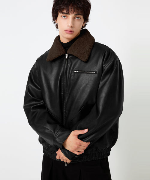FLEECE COLLAR FLIGHT MA-1 LEATHER JACKET_BLACK