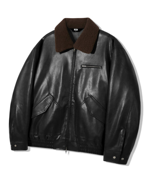 FLEECE COLLAR FLIGHT MA-1 LEATHER JACKET_BLACK