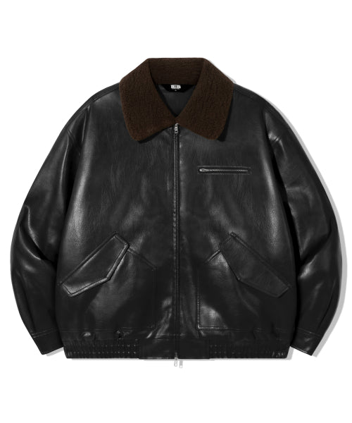 FLEECE COLLAR FLIGHT MA-1 LEATHER JACKET_BLACK